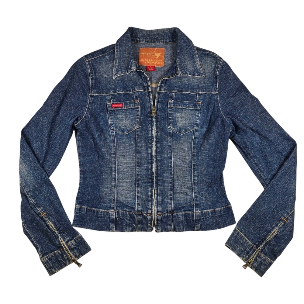 VTG GUESS Blue Dark Wash Eagle USA Indian Full Zip Denim Jean Jacket Women's M